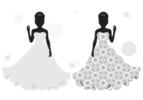 silhouette of a girl in a long dress isolated on white background