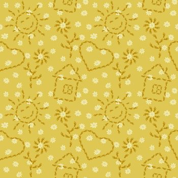 Abstract seamless background, pattern of smiling suns, flowers, houses and hearts from human footprints.