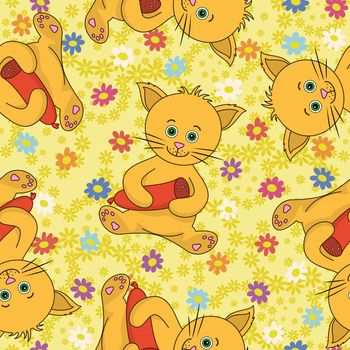 Seamless background, cartoon cat with sausage and floral pattern.