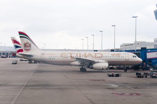 ATHENS GREECE - 15 OCTOBER 2011: Etihad Abu Dhabi airplane at the Athens airport terminal