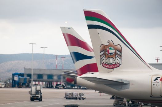 ATHENS GREECE - 15 OCTOBER 2011: Etihad Abu Dhabi airplane at the Athens airport terminal