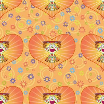 Seamless background, legendary bowl Holy Grail, heart and abstract pattern.