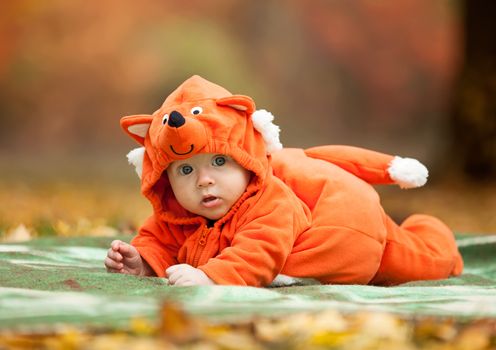 Cute baby boy dressed in fox costume in autumn park