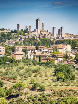 View to the town San Gimignano with blue sky in Tuscany, Italy