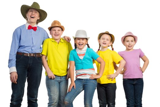 children in a row, wearing a hat. isolated on white background