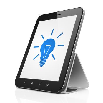 Business concept: black tablet pc computer with Light Bulb icon on display. Modern portable touch pad on White background, 3d render