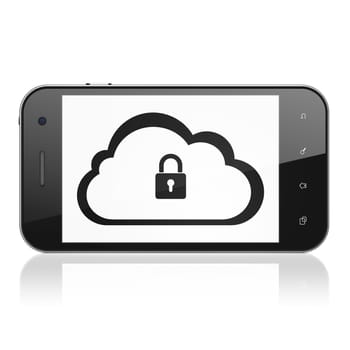 Cloud technology concept: smartphone with Cloud With Padlock icon on display. Mobile smart phone on White background, cell phone 3d render