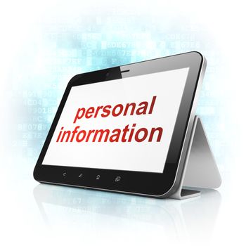 Protection concept: black tablet pc computer with text Personal Information on display. Touch pad on Blue Digital background, 3d render