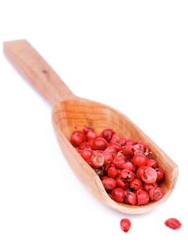 Red Peppercorns in Wooden Scoop isolated on white background