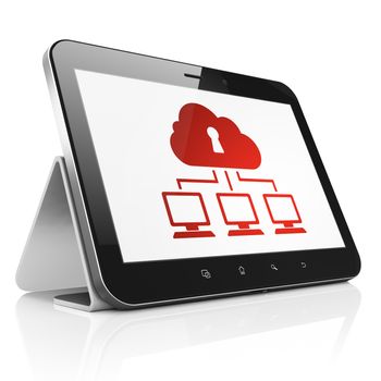 Privacy concept: black tablet pc computer with Cloud Network icon on display. Modern portable touch pad on White background, 3d render