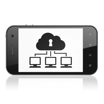 Cloud networking concept: smartphone with Cloud Network icon on display. Mobile smart phone on White background, cell phone 3d render