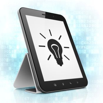 Business concept: black tablet pc computer with Light Bulb icon on display. Modern portable touch pad on Blue Digital background, 3d render