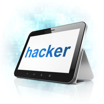 Safety concept: black tablet pc computer with text Hacker on display. Modern touch pad device on Blue Digital background, 3d render