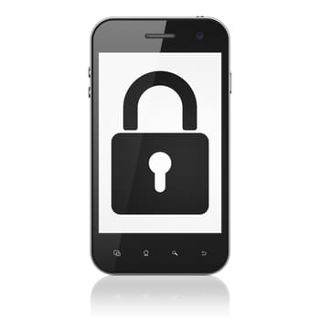 Data concept: smartphone with Closed Padlock icon on display. Generic mobile smart phone on White background, modern cell phone, 3d render