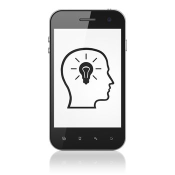 Education concept: smartphone with Head With Lightbulb icon on display. Mobile smart phone on White background, modern cell phone, 3d render