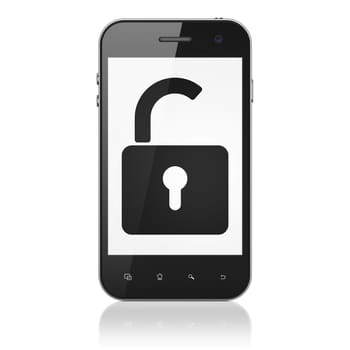 Privacy concept: smartphone with Opened Padlock icon on display. Mobile smart phone on White background, cell phone, 3d render