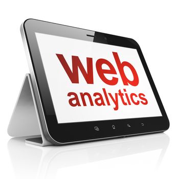 Web development concept: black tablet pc computer with text Web Analytics on display. Modern touch pad device on White background, 3d render