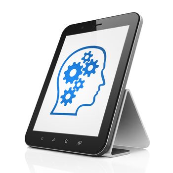 Education concept: black tablet pc computer with Head With Gears icon on display. Modern touch pad device on White background, 3d render