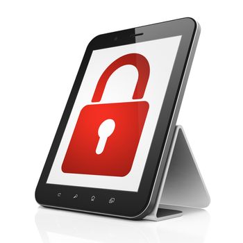 Safety concept: black tablet pc computer with Closed Padlock icon on display. Modern touch pad device on White background, 3d render