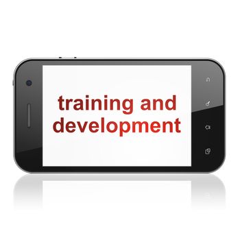 Education concept: smartphone with text Training and Development on display. Mobile smart phone on White background, cell phone, 3d render