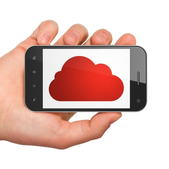 Cloud computing concept: hand holding smartphone with Cloud on display. Generic mobile smart phone in hand on White background.