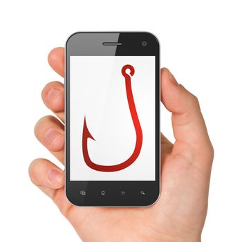 Safety concept: hand holding smartphone with Fishing Hook on display. Generic mobile smart phone in hand on White background.