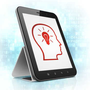 Advertising concept: black tablet pc computer with Head With Lightbulb on display. Modern touch pad on Blue Digital background, 3d render