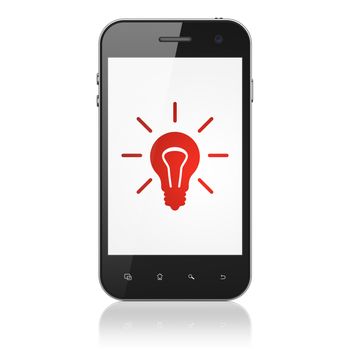 Business concept: smartphone with Light Bulb icon on display. Generic mobile smart phone on White background, modern cell phone, 3d render