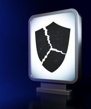 Security concept: Broken Shield on advertising billboard background, 3d render