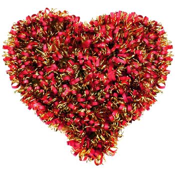 Christmas red tinsel garland, forming heart isolated on white