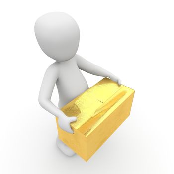 A character carries with both arms a heavy gold box.