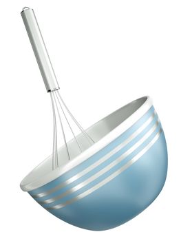 Blue bowl with a wire whisk isolated on a white background. 3D render.