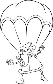 Black and White Cartoon Illustration of Funny Santa Claus Character Flying on Parachute for Coloring Book