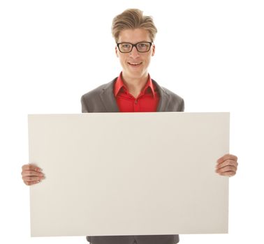 Young man holding a white board isolated on white background