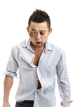 A front view of a wounded Asian man after a fight with isolated white background.