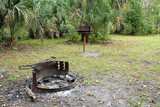 A rusty fire pit with ashes, and a rusty BBQ stand, in a remote tropical camp site.