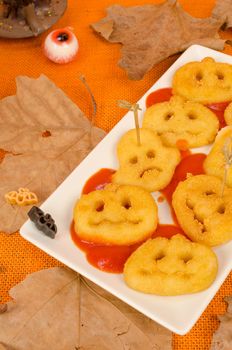 Crispy fried Halloween potato snack, food for a kid party