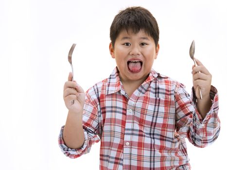 Front view of a cubby asian boy ready to eat with isolated white background.