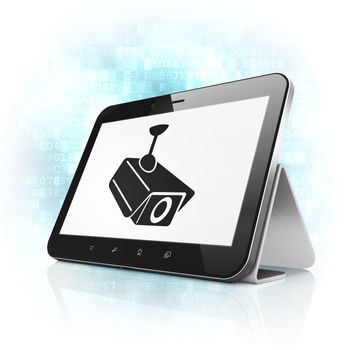 Privacy concept: black tablet pc computer with Cctv Camera icon on display. Modern portable touch pad on Blue Digital background, 3d render
