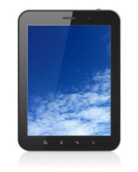 Black tablet pc computer with Sky on display. Modern portable touch pad on White background, 3d render