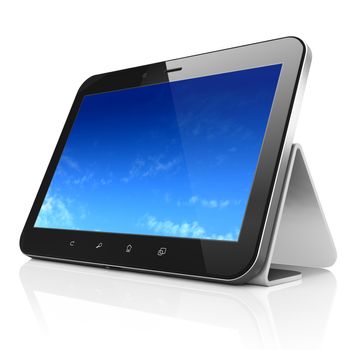 Black tablet pc computer with Pixelated Sky on display. Modern portable touch pad on Stand On White background, 3d render