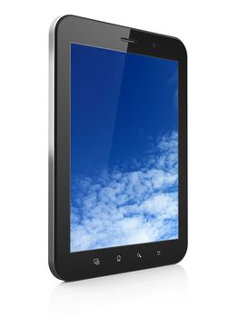 Black tablet pc computer with Sky on display. Modern portable touch pad on White background, 3d render