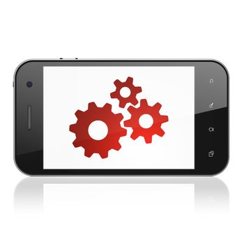 Data concept: smartphone with Gears icon on display. Mobile smart phone on White background, cell phone 3d render