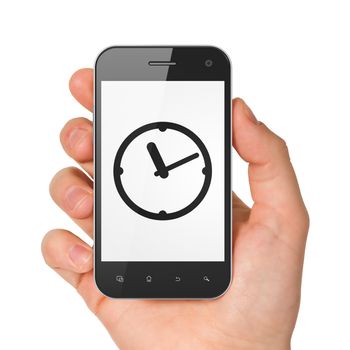 Time concept: hand holding smartphone with Clock on display. Mobile smart phone in hand on White background, 3d render