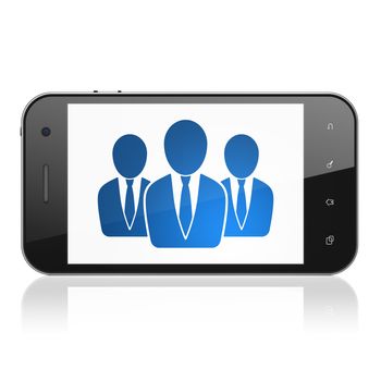 Law concept: smartphone with Business People icon on display. Mobile smart phone on White background, cell phone 3d render