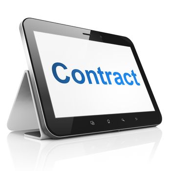 Finance concept: black tablet pc computer with text Contract on display. Modern portable touch pad on White background, 3d render