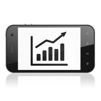 Finance concept: smartphone with Growth Graph icon on display. Mobile smart phone on White background, cell phone 3d render