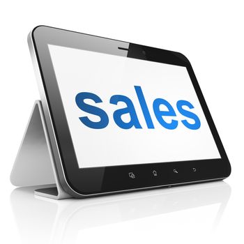 Advertising concept: black tablet pc computer with text Sales on display. Modern portable touch pad on White background, 3d render