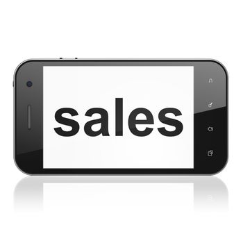 Marketing concept: smartphone with text Sales on display. Mobile smart phone on White background, cell phone 3d render
