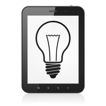 Business concept: black tablet pc computer with Light Bulb icon on display. Modern portable touch pad on White background, 3d render